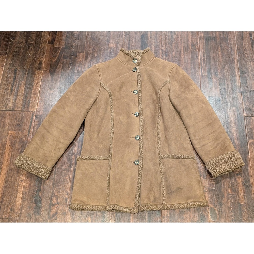 LL Bean Jacket Womens Medium Brown Faux Shearling Fleece Lined Suede Button Coat